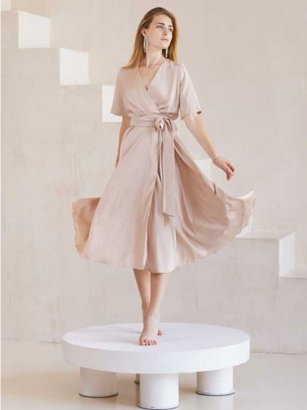 Farrow Dusty Rose Wrap Midi Dress with Self-Tie Waist